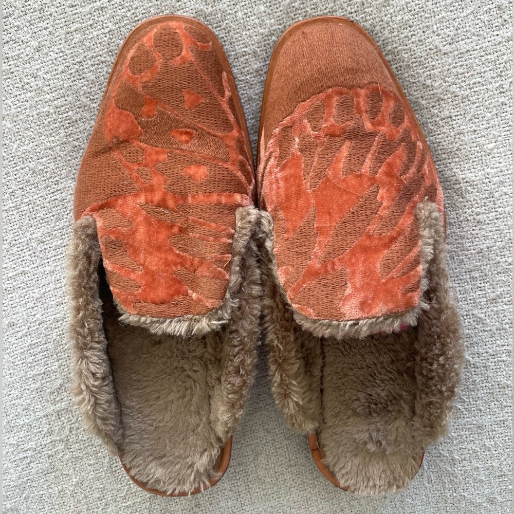 Terracotta Embroidered Velvet & Faux Fur Lined Mules